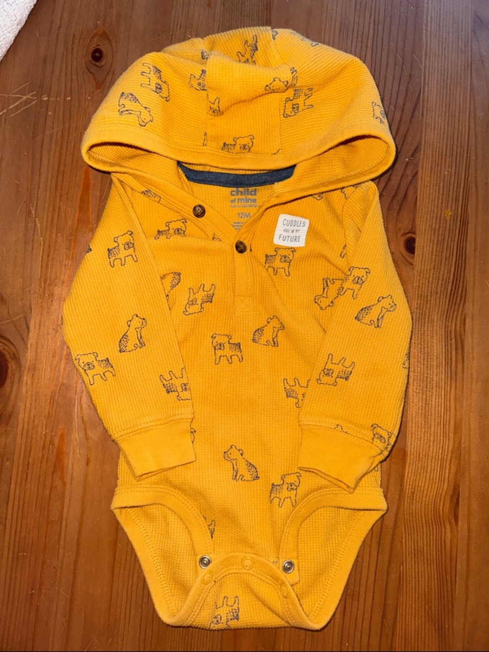 child of mine Mustard Hooded Waffle-Knit One-Piece with Puppy Sketches